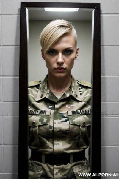 Short haircut military blond no weapon pixel camouflage uniform serious face full size shot no makeup in jail cage mirror self shot - ai-porn.ai on pornintellect.com