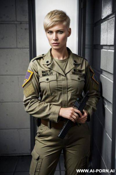 Short haircut military blond no weapon uniform serious face full size shot no makeup in jail cage standing up - ai-porn.ai on pornintellect.com