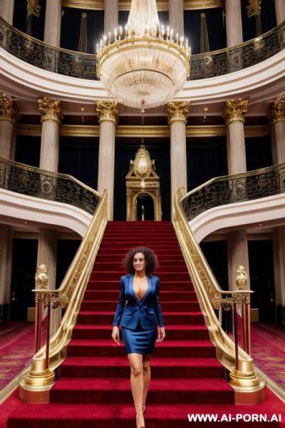 On the stairs inside a huge beautiful opera with gold railings and blue carpet. woman: red high heels. men in suits - ai-porn.ai on pornintellect.com