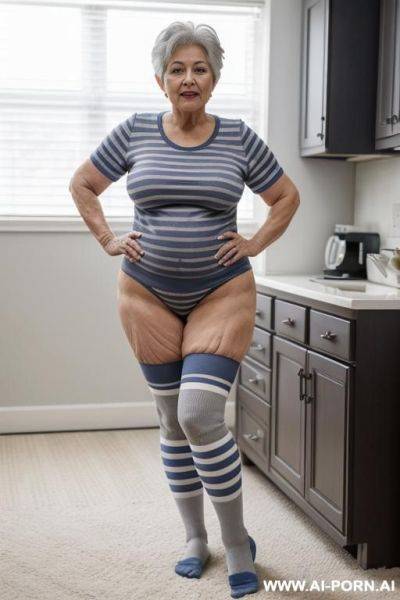 0-year-old grandmother, full body, standing, short gray hair, triangle hips, thick thighs, very visible age marks, wearing a blue striped football shirt, wearing long striped socks, wearing blue panties, hands on her hips, legs open - ai-porn.ai on pornintellect.com