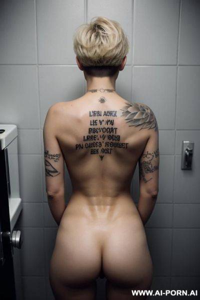 Short haircut blond fit totally naked tits text tattoo on butt full shot in jail from behind - ai-porn.ai on pornintellect.com