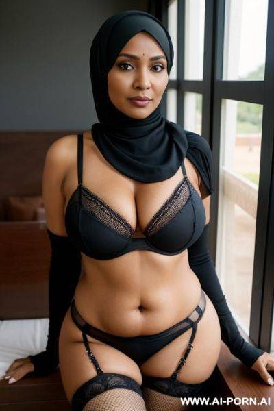 Mu, hijab, indian, milf, short, big boobs, big round ass, stockings, fishnet, cowwoman pose, pov camera angle, seductive face - ai-porn.ai - India on pornintellect.com