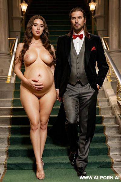 On the stairs of a beautiful opera, stairs with golden railings and green carpet. woman: completely naked, black curls to her shoulders, pregnant, standing, legs wide, red heels, large silver - ai-porn.ai on pornintellect.com