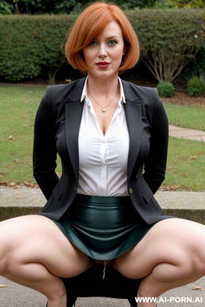 Thick, british milf ginger bobcut squatting, park blazer, blouse, lifting skirt, hairy pussy dripping - ai-porn.ai - Britain on pornintellect.com