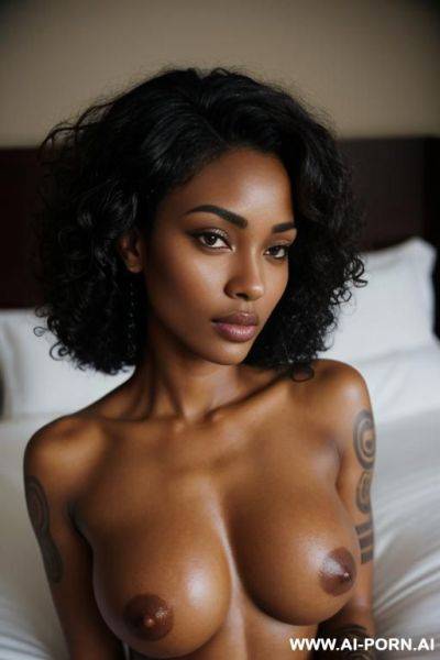 Medium-dark skin, m undertones, oval face, high cheekbones, dark almond eyes, curly hair, athletic build, several tattoos, from above), show breasts, oiled breasts (deep focus, depth of field, p30 - ai-porn.ai on pornintellect.com