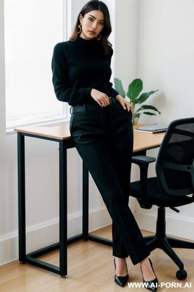 Black trousers, gy style, leaning on a desk, - ai-porn.ai on pornintellect.com