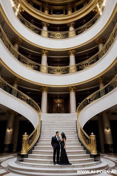 Woman and man on the stairs inside a beautiful opera with gold railings.men: standing with hands in pockets, in an elegant suit, long dark hair, large penis.woman: ass up - ai-porn.ai on pornintellect.com