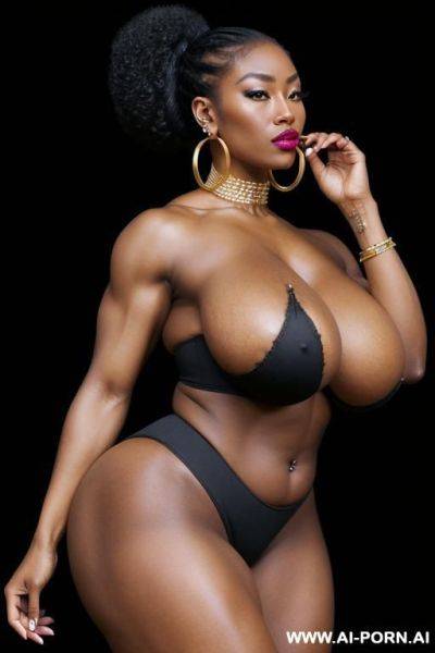 Afro-asian, gigantic muscles, gigantic boobs, high ponytail, milf, dark skin, gaped anus, hoop earrings, high heels, pierced nipples, ring piercings, ripped abs - ai-porn.ai on pornintellect.com