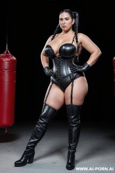 Boxing woman, gigantic boobs, high ponytail, milf, black hair, black boots, black leather corset, no bra, show big boogs, thick thighs, black boots - ai-porn.ai on pornintellect.com