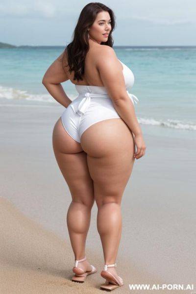 White bbw, waist, sexy big ass, full body frame standing up, naked, sexy pose, good legs, brunette, skin, flip flops , looking back at the camera, thick thighs, beach - ai-porn.ai on pornintellect.com