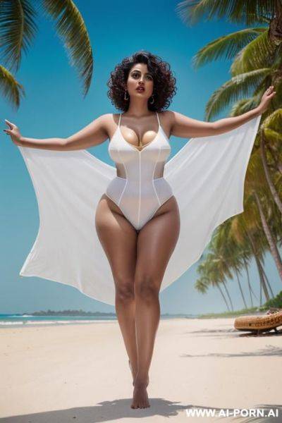 White, curvy, 3 indian woman in sexy swimsuit with her husband on beach. front view - ai-porn.ai - India on pornintellect.com