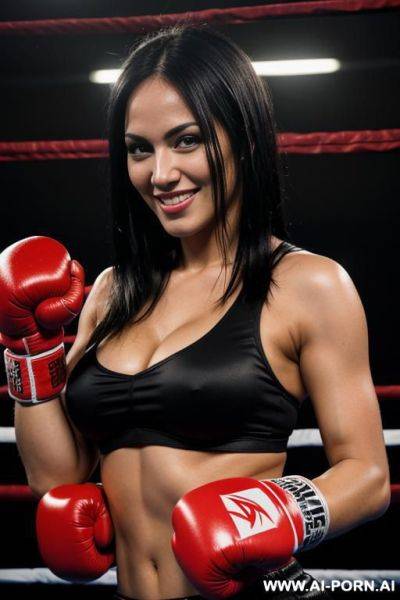 Boxing woman, normal boobs, 30s, blonde haïr, boxing ring, pulpy woman, red boxing glove - ai-porn.ai on pornintellect.com