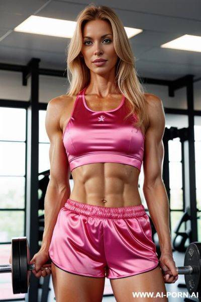 Close up dutch blond fitness coach in a hot pink satin top and shorts, standing in the gym - ai-porn.ai - Netherlands on pornintellect.com