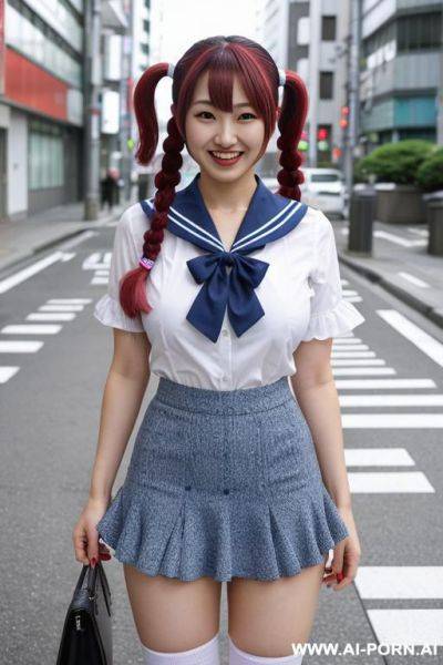 Eye contact sailor shirt blue ruffled skirt white socks tokyo street - ai-porn.ai on pornintellect.com