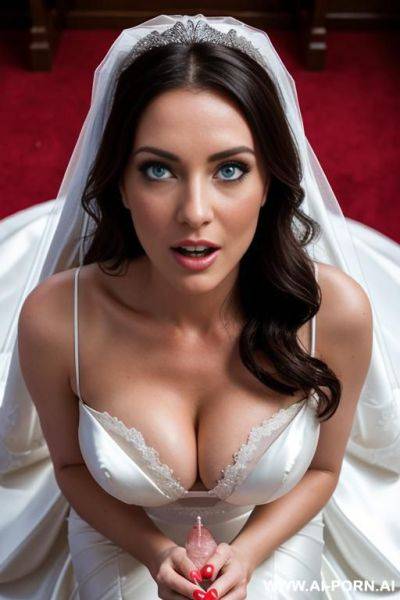 (cgi style) , (close up), close pov, from above, hetero couple, ( bride wearing sexy white wedding dress), huge boobs, deep neckline, pretty face, perfect blue eyes, brunette, (on her knees), - ai-porn.ai on pornintellect.com