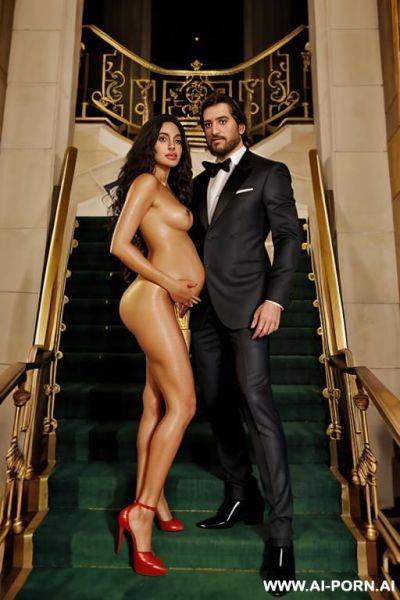 On the stairs of a beautiful opera, stairs with golden railings and green carpet. a brunette man with long tied hair. a woman: black curls to her shoulders, naked, pregnant, high red stilettos. - ai-porn.ai on pornintellect.com