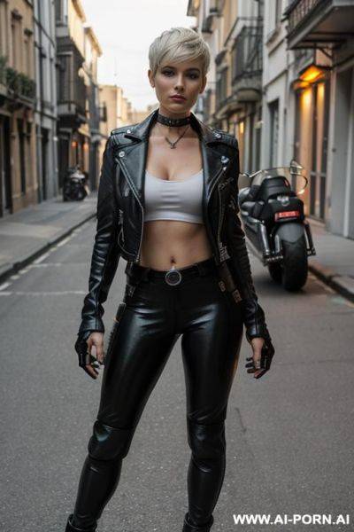 Terminator, cyborg look. wearing a white tank top. wearing a long black leather jacket. - ai-porn.ai on pornintellect.com