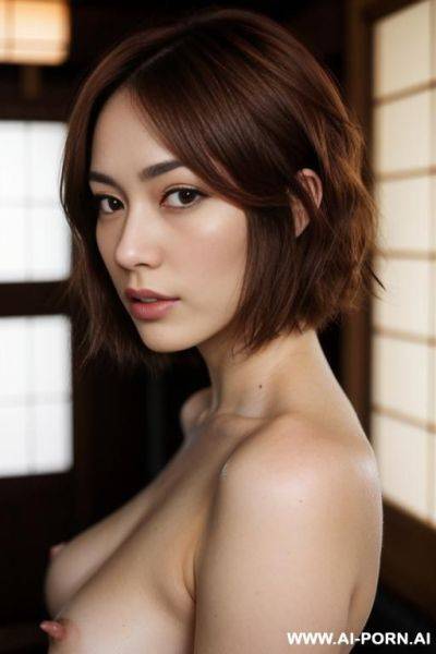 Japanese, light auburn hair, short hair, breasts, totally naked, serious face, forest - ai-porn.ai - Japan on pornintellect.com