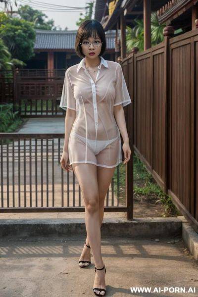 Thailand, chinese woman, big breasts, short bob, glasses, walking, naked, in front of the house, fence, undressed, see-through shirt, see breasts (((see pussy))) - ai-porn.ai - China on pornintellect.com