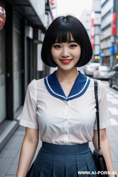 Eye contact sailor shirt blue skirt tokyo street - ai-porn.ai on pornintellect.com