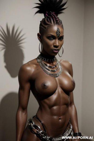 Black tribal woman, plains. toned body. abs. perky nipples. tribal hip chain. punk hair with shaved sides. - ai-porn.ai on pornintellect.com