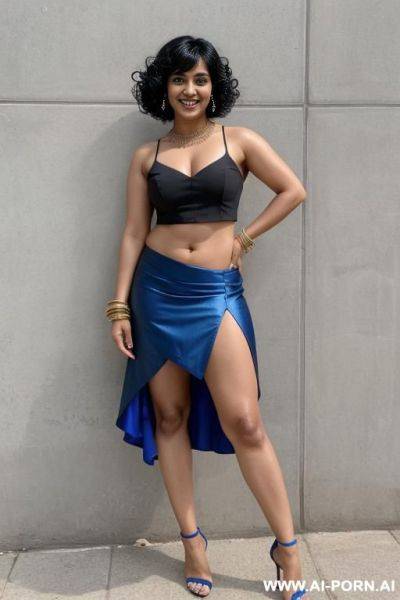 Indian, 30 years, black hair, short curly hair, bangs, blue bra, blue slit loose microskirt, navel piercing, thick body, flexing arm, smile, looking at camera, standing, heels - ai-porn.ai - India on pornintellect.com