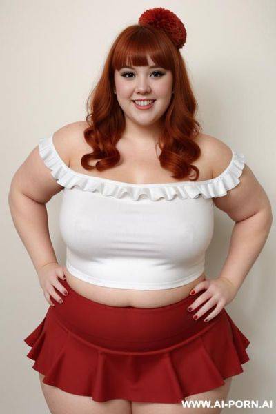 Full body photo shot, the most sexy and chubby fat bbw cheerleader , with tummy and lovehandless, wearing a micro ruffle skirt, with pompom - ai-porn.ai on pornintellect.com