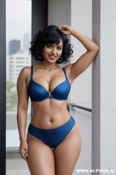 Indian, 30 years, black hair, short curly hair, bangs, blue bra, blue slit microskirt, navel piercing, thick body, flexing arm, laugh, looking at camera, standing, heels - ai-porn.ai - India on pornintellect.com