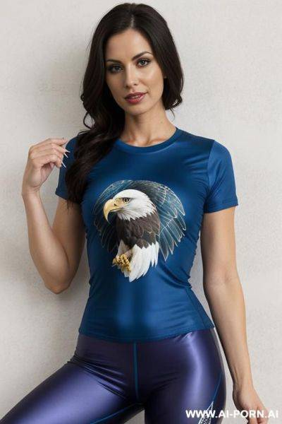 Woman t-shirt with an eagle, blue leggings - ai-porn.ai on pornintellect.com