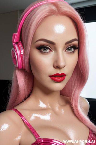 Closeup of a beautiful plastic doll face, shiny plastic hair, very shiny red lips, shiny fake plastic blonde hair, pink eyes, pink plastic corset, pink headphones - ai-porn.ai on pornintellect.com