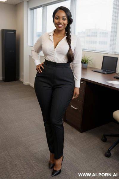 Light tan skin, round cheeks, high cheekbones, sleepy eyes, full lips, no makeup, long braid exsions, big hips, big round ass, full body view, fat ass - ai-porn.ai on pornintellect.com