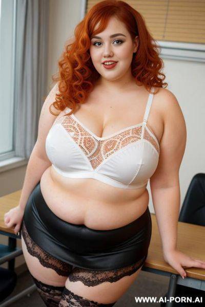 Full body photo shot, about at classroom, so fat bbw curvy with love handless and tummy, she is wet and very excited, heart-shaped face, wearing a sexy and hot, orange lace stocking lingeries, one leg up, short hair. - ai-porn.ai on pornintellect.com