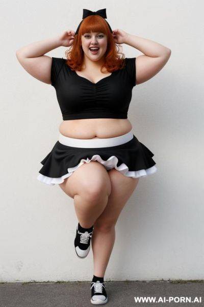 Full body photo shot, the most sexy and chubby fat bbw cheerleader , with tummy and lovehandless, wearing a micro ruffle skirt, she is jumping - ai-porn.ai on pornintellect.com