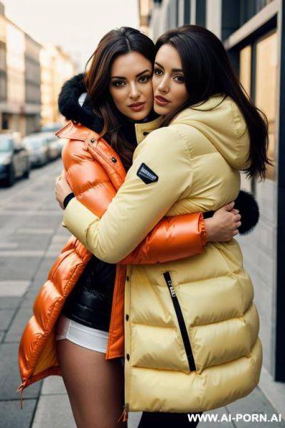 Brunette wearing massive oversized puffer jacket, hugging viewer - ai-porn.ai on pornintellect.com