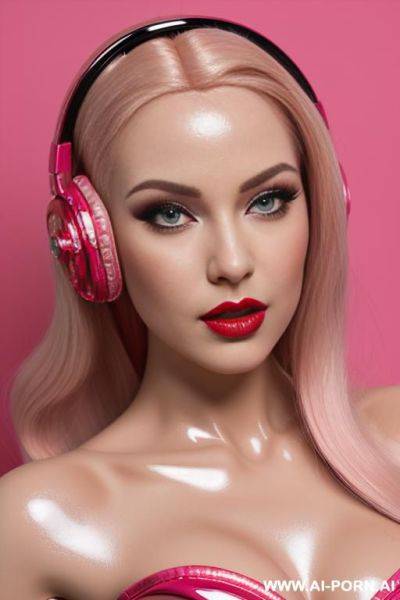 Closeup of a beautiful plastic doll face, shiny plastic hair, very shiny red lips, shiny fake plastic blonde hair, pink eyes, pink plastic corset, pink headphones, red stiletto heels, doll pose - ai-porn.ai on pornintellect.com