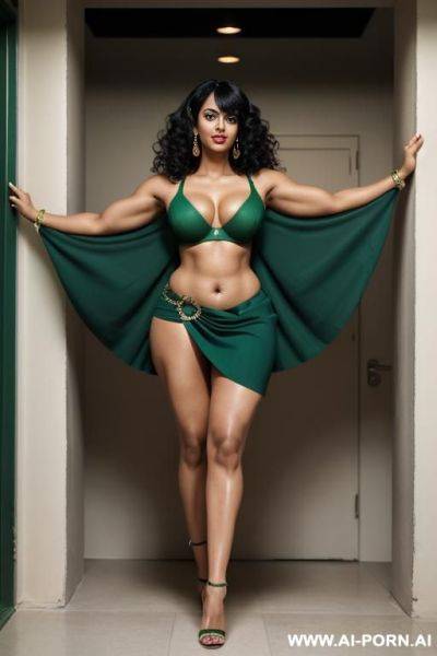 Indian, 30 years, black hair, tall curly hair, bangs, muscular arms, hand on hip, green bra, green skirt, navel piercing, seduce, looking at camera, big ass, heels, thick body - ai-porn.ai - India on pornintellect.com