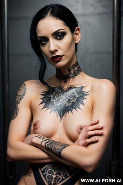 Fully naked goth babe, black hair, many black tattoos, in a jail cell - ai-porn.ai on pornintellect.com