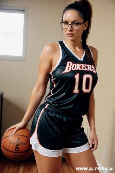 Brunette. wearing oversized basketball jersey. natural big boobs. medium w body. glasses. tight shorts. seductive. pony tails. 30 years old - ai-porn.ai on pornintellect.com