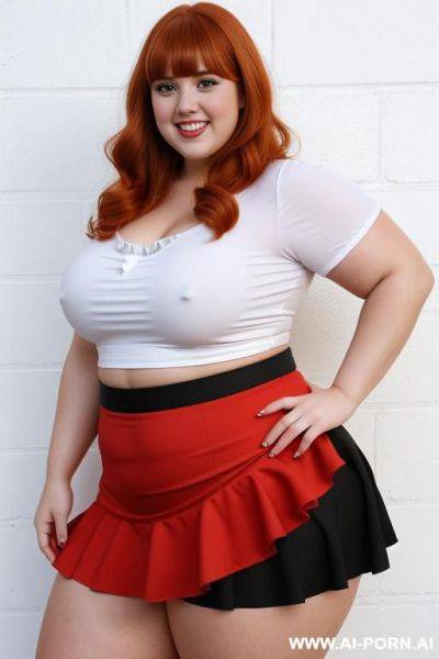 Full body photo shot, the most sexy and chubby fat bbw cheerleader, with tummy and lovehandless, wearing a micro ruffle skirt - ai-porn.ai on pornintellect.com