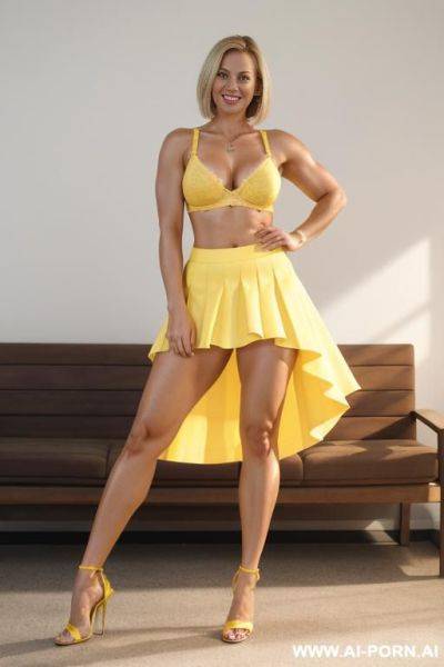 German, 30 years, blonde hair, short straight hair, muscular arms, hands on hips, thick body, yellow bra, yellow loose skirt, navel piercing, smile, looking at camera, standing, heels, full body view - ai-porn.ai - Germany on pornintellect.com