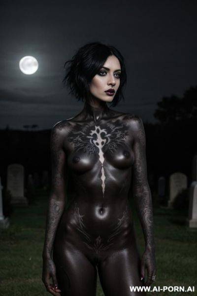 Skinned goth babe, many black tattoos, fully naked in a graveyard, natural breasts, full areolas, black hair, standing, moonlight - ai-porn.ai on pornintellect.com