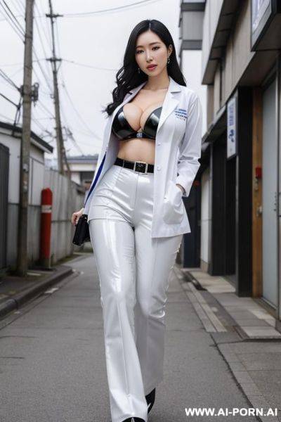 Extremely white skin, extremely gigantic boobs, beautiful face, doctor uniform, black latex pants, street, show open big tits. japanese woman , woman - ai-porn.ai - Japan on pornintellect.com