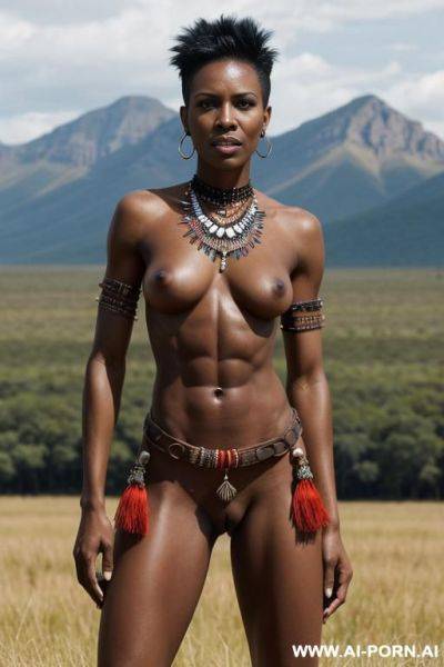 Black tribal woman, grassy plains. toned body. abs. perky nipples. tribal hip lace beads. short punk hair. cum in pussy. - ai-porn.ai on pornintellect.com