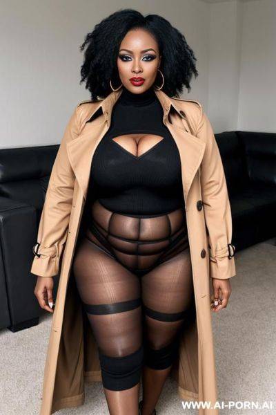 African milf, heavy makeup, naked under a trenchcoat - ai-porn.ai on pornintellect.com
