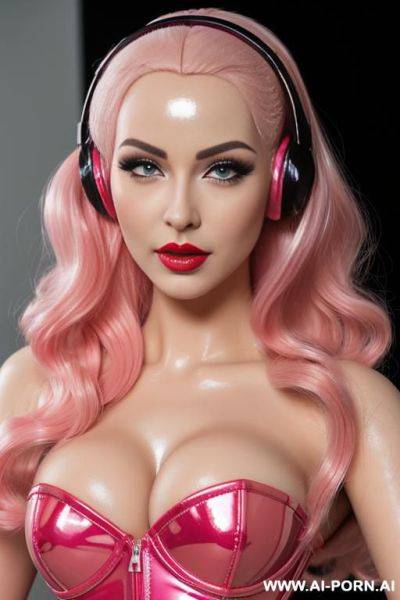 Closeup of a beautiful plastic doll face, shiny plastic hair, very shiny red lips, shiny fake plastic blonde hair, pink eyes, pink plastic corset, pink headphones, red stiletto heels, doll pose - ai-porn.ai on pornintellect.com