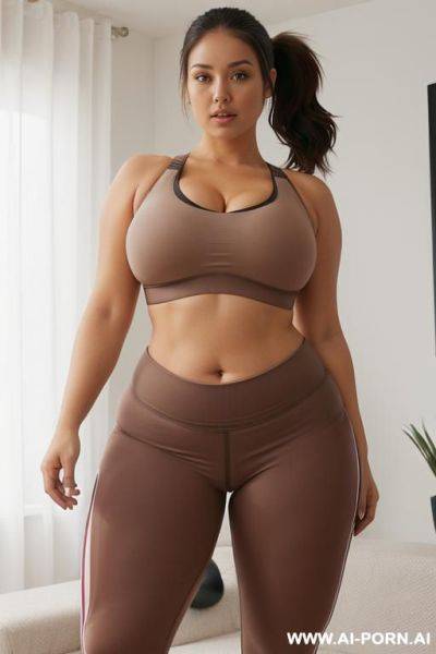 (sports bra), (yoga pants), chubby, (chubby figure), (medium-length brown ponytail), (brown eyes), (gigantic breasts), ((showing breasts), (exposing breasts), (naked breasts), (breasts not covered by (sports bra)), living room, wide hips, - ai-porn.ai on pornintellect.com