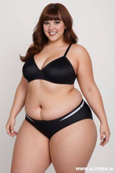 Full body photo shot, professional photo studio, chubby fat bbw cheerleader , making a dance, with tummy and lovehandless. - ai-porn.ai on pornintellect.com