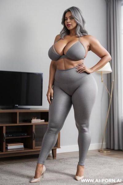 0-year-old grandmother, full body, standing, very visible age features, gray hair, massive boobs, triangle hips, thick thighs, big ass, wearing gray leggings, living room in front of the television - ai-porn.ai on pornintellect.com