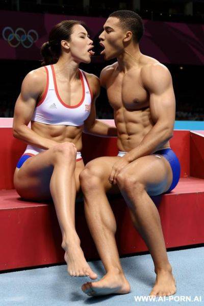 Olympic champion, woman, licking the feet of another athlete - ai-porn.ai on pornintellect.com