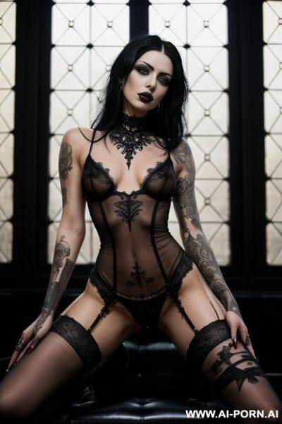 Fully naked goth babe with black hair, many tattoos, black lipstick, exposed breasts, open legs, showing pussy, masturbating - ai-porn.ai on pornintellect.com